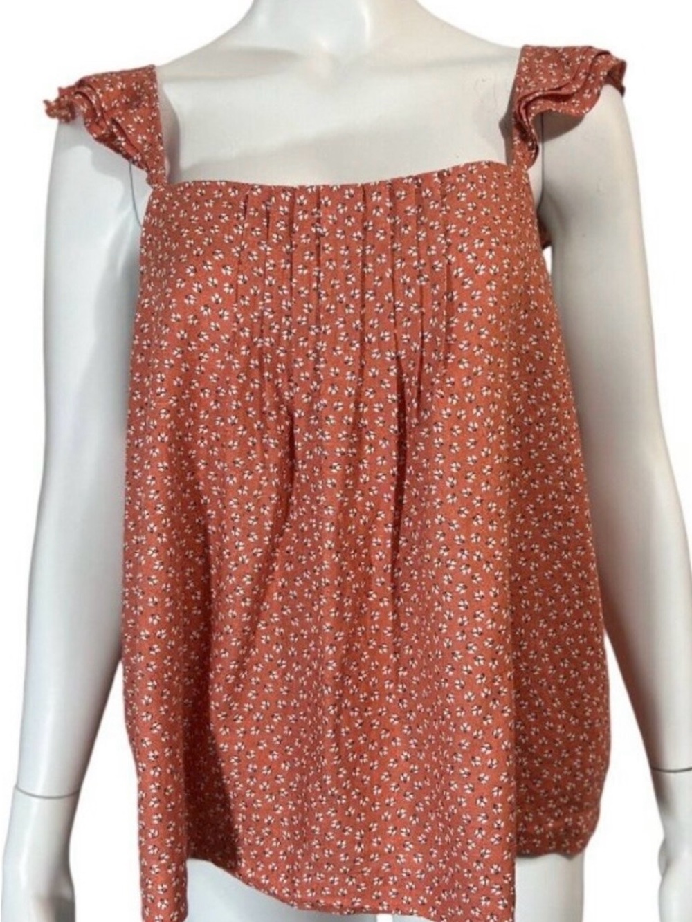 Ann Taylor Linen Blend Top XL Tall Coral Floral Pintuck Sleeveless